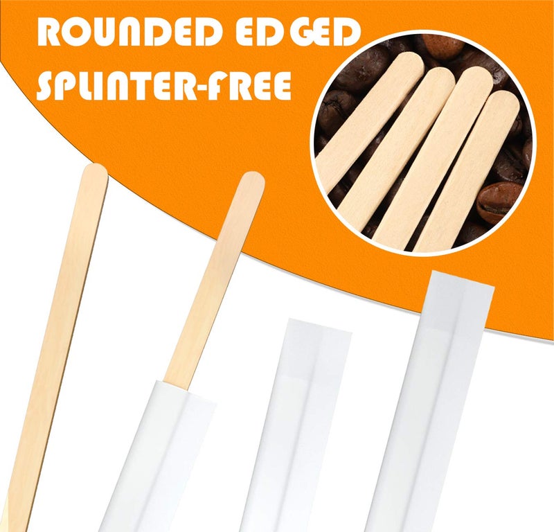 Amkoskr 1000Pcs Disposable Wood Coffee Stir Sticks Stirrers Individually Paper Wrapped Coffee Tea Beverage Stirrers Stirrings 5.5 Inch,140mm - Image 3